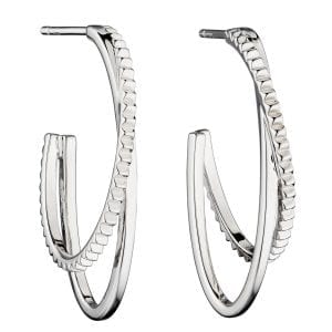 Double hoop earrings with diamond cut texture and plain silver
