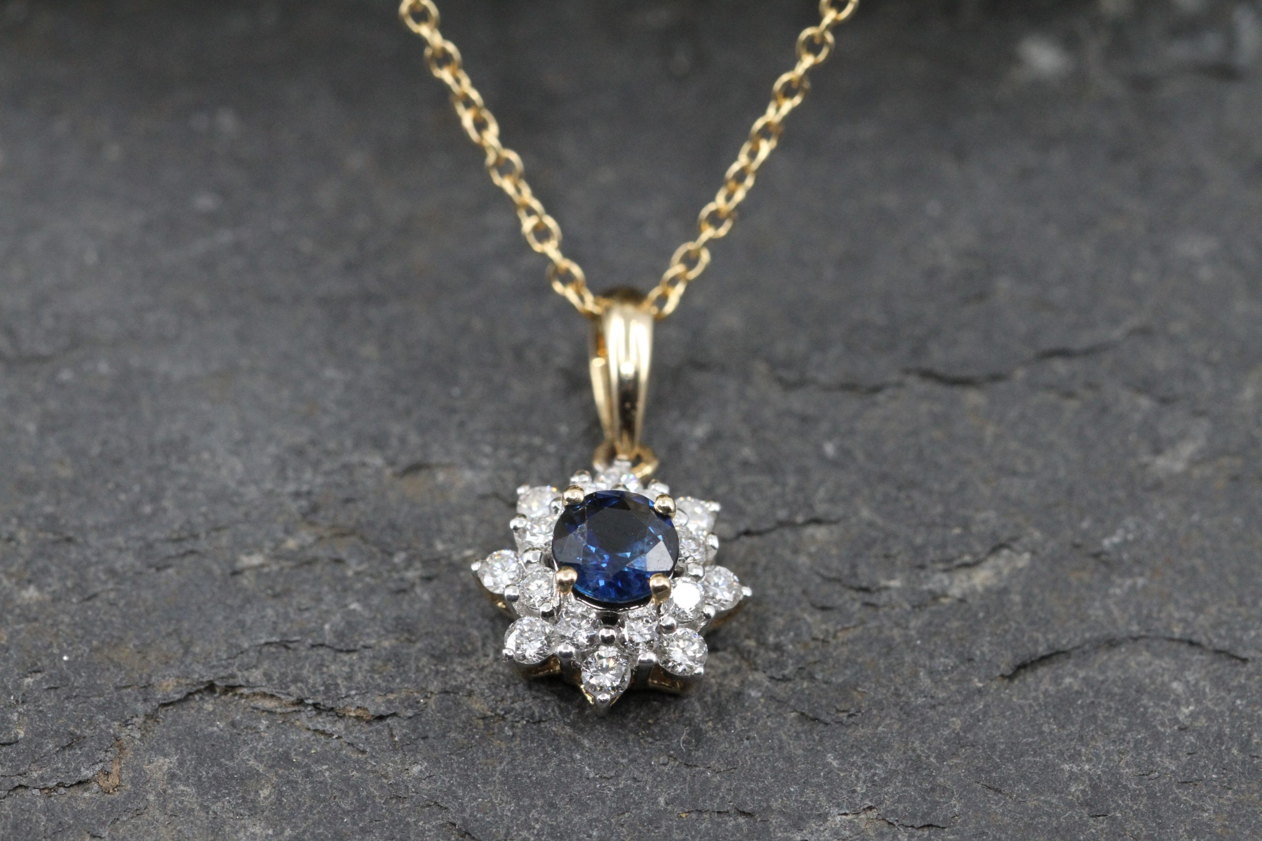 9ct Gold Sapphire & Diamond Cluster Pendant. | Dent Jewellers